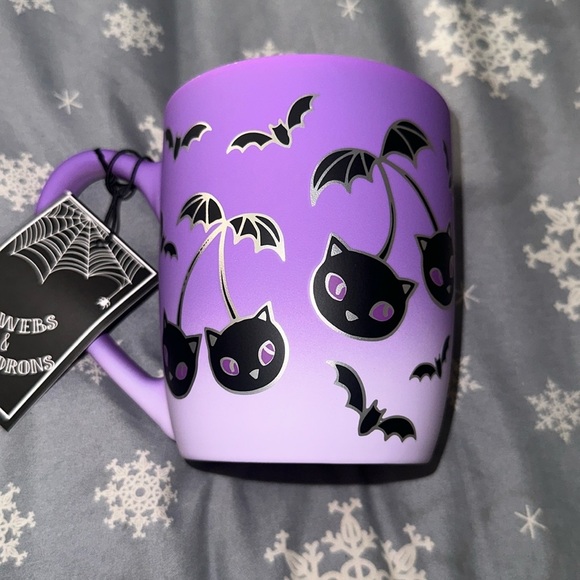 NEW Cobwebs & Cauldrons Matte Purple Black Cat Cherries Mug - Picture 1 of 4